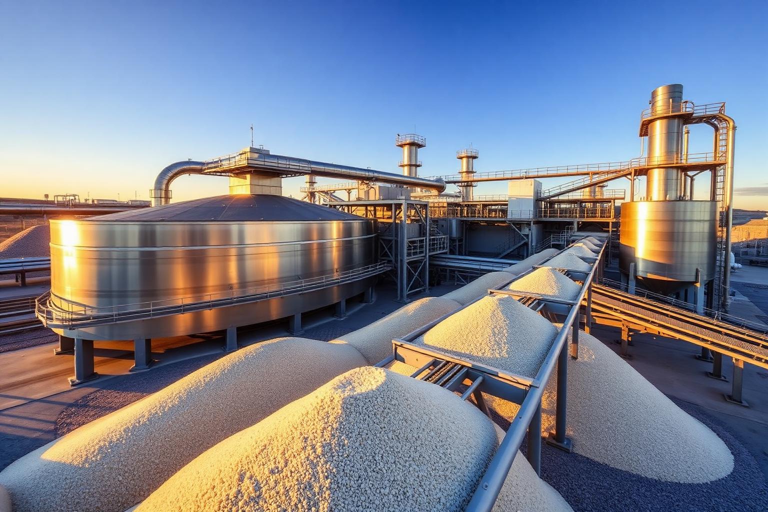 Lithium concentrate processing plant with flotation tanks and concentrate stockpiles